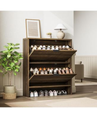 Fluted Shoe Cabinet with 2 Flip Drawers, Wide Slim Entryway Storage