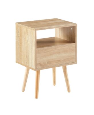 Modern Rattan End Table with Drawer and Solid Wood Legs Nightstand Cabinet