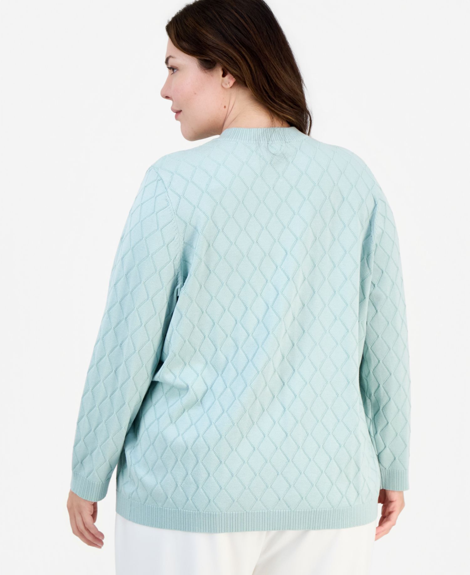 Plus Size Kiss-Front Diamond Stitch Cardigan