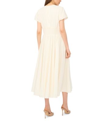 Women's V-Neck Short-Sleeve Cinch Waist Cotton Midi Dress