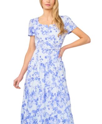 cece short sleeve a line dress CeCe Woven Floral Print V-Neck Short Sleeve Midi A-Line Dress