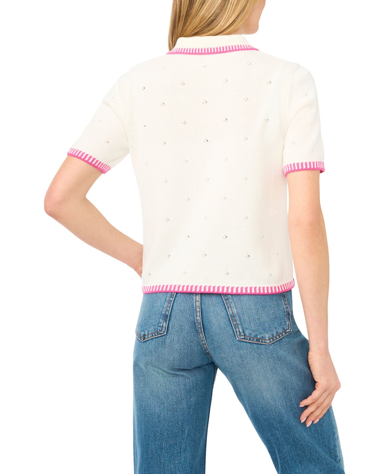 Women's Pointelle Short-Sleeve Collared Cotton Cardigan