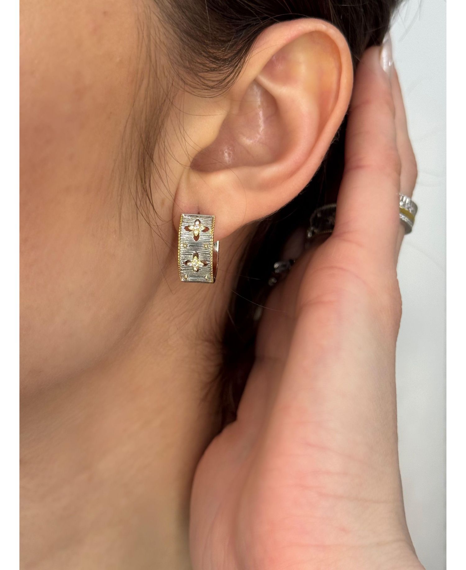 Sterling Cubic Zirconia Florentine Motif Huggie Hoop Earrings