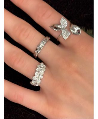 Sterling Silver Cubic Zirconia Abstract Flower Leaf Bypass Ring.
