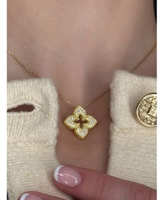 Suzy Levian Sterling Silver White Cubic Zirconia Pave Flower Clover Pendant Necklace