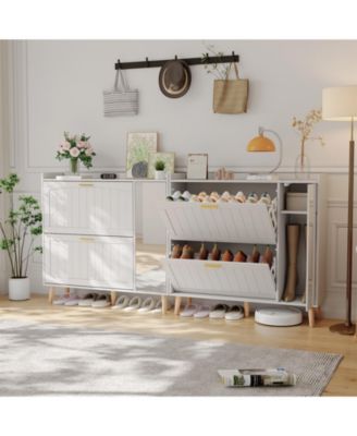 Wooden Shoe Cabinet with Mirror, 2 Flip Drawers and Side Storage, Entryway Organizer