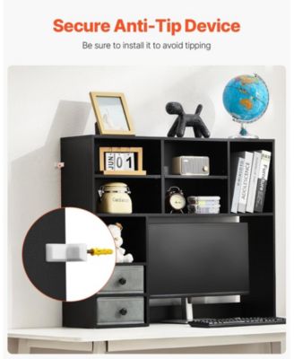 3-Tier Wood Desktop Bookshelf Storage Organizer with Fabric Drawers for Office