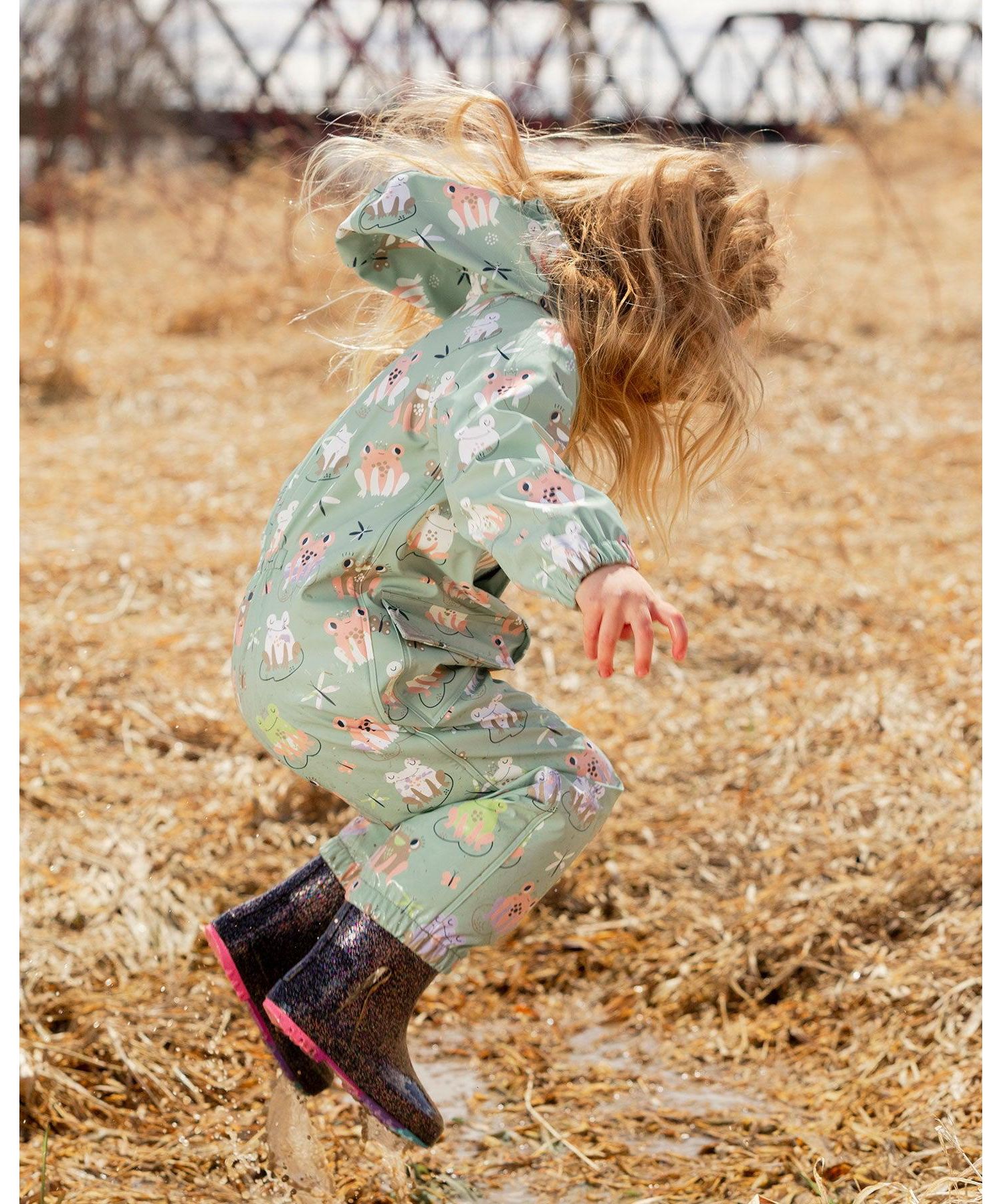 Little Girls Polyurethane Frog Print Rain One-Piece