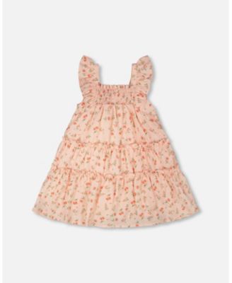 Little Girls Multi-Tiered Dress with Smocking Pink Printed Flowers