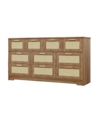 Wooden Dresser with Rattan Front and 10 Drawers for Bedroom
