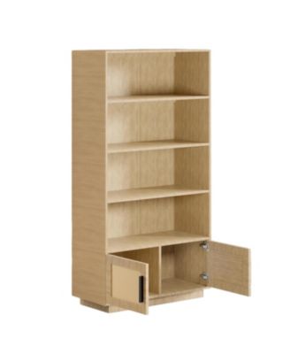5 Tier Wooden Bookcase with Rattan Door Cabinet