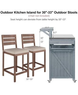 53.3inch Outdoor Kitchen Island with Raised Shelf, Solid Wood Storage Cabinet, Rolling Grill Cart with Rack, Adjustable Shelf and Spice Rack