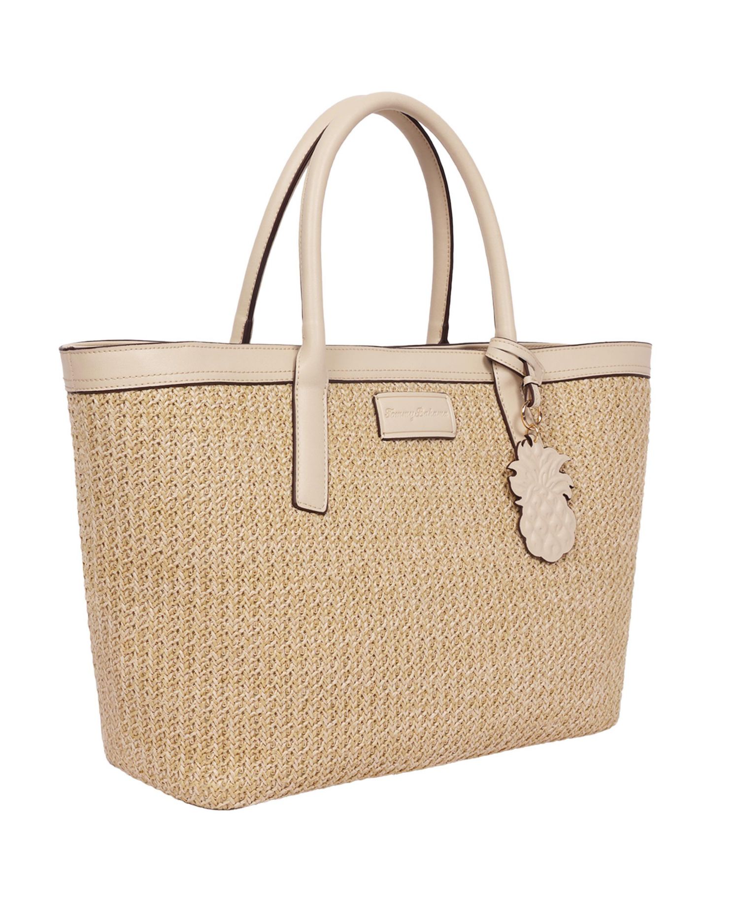 Raffia and PU Large Logo Tote - Woven Straw Beach Tote with Pineapple Charm