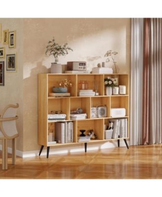 10 Cube Bookshelf, 3 Tier Modern Wide Bookcase with Legs, Mid-Century Wood Bookshelves Storage, Natural Large Book Case