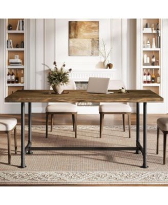 63-Inch Solid Wood Dining Table for 4-6, Industrial Large Kitchen Table with Metal Footrest, Rectangular Wooden Dinner Table