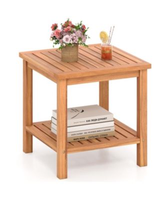 Acacia Wood 2-Tier Patio Side Table Set of 2 with Slatted Tabletop