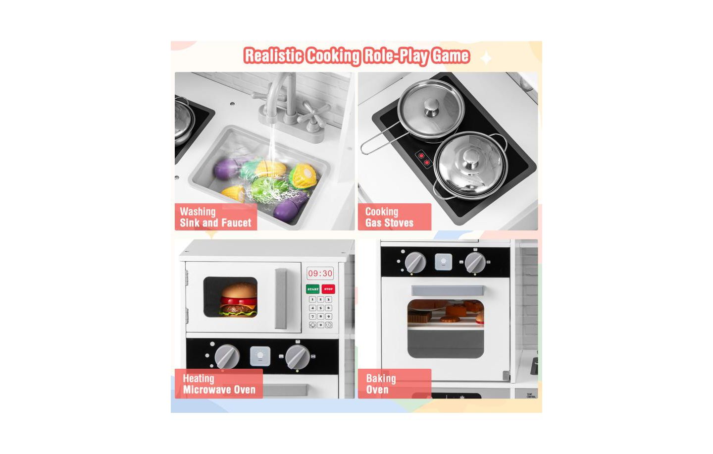 Детские игрушки HONGGE Pretend Play Kitchen Wooden Toy Set with Real Lights and Sounds, цвет: Белый — фото 10