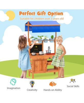 Wooden Pretend Play Kitchen with Adjustable Canopy for Kids