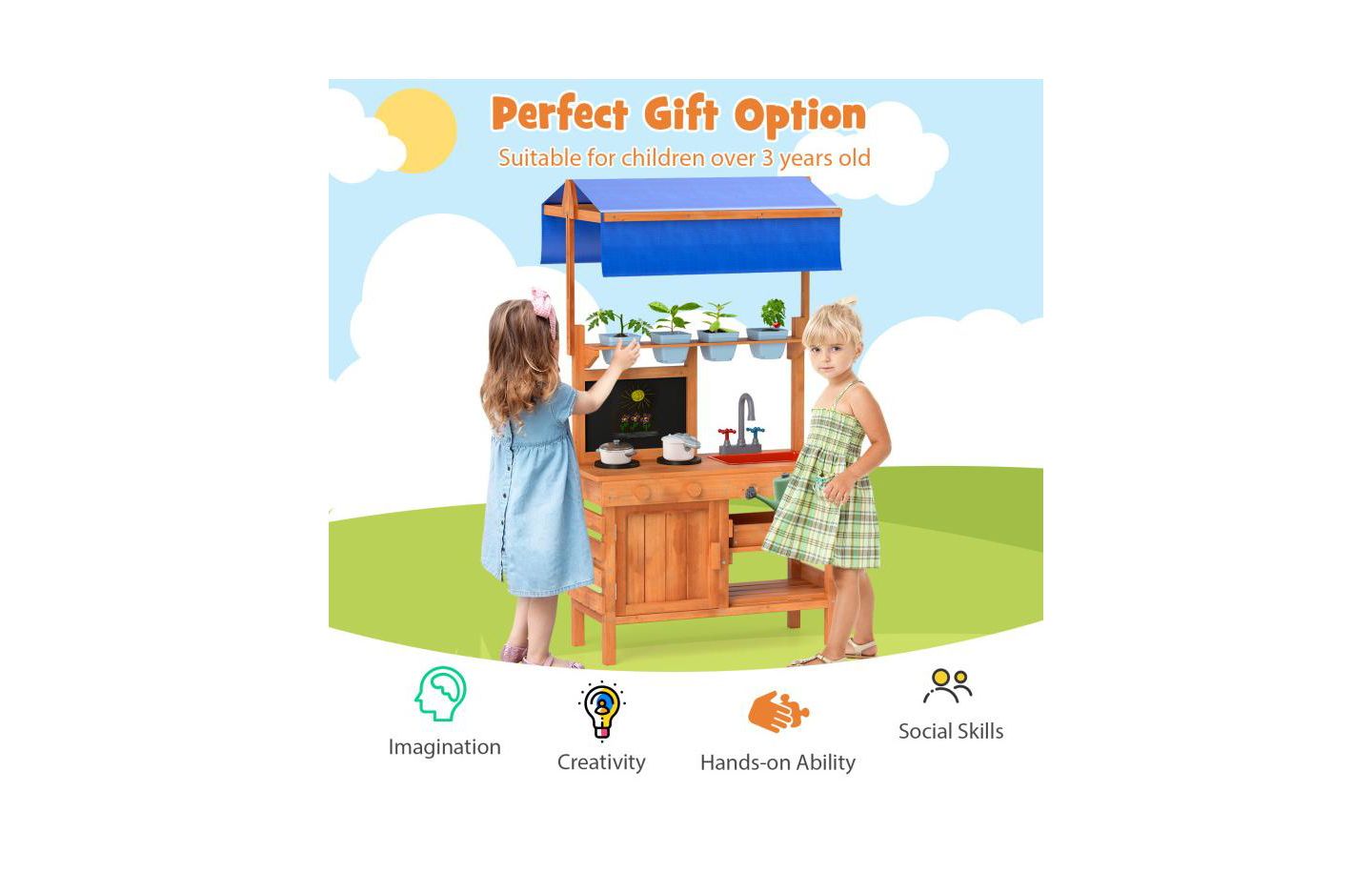 Детская игрушка HONGGE Wooden Adjustable-Canopy Pretend Play Kitchen with Accessories, Ages 3+, цвет: Натуральный — фото 9