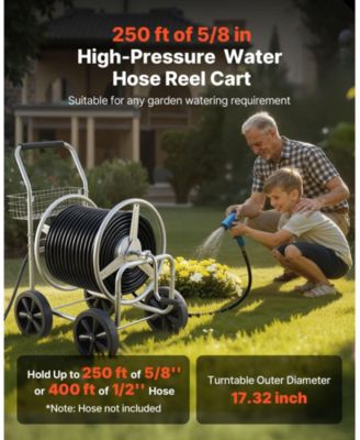 Mobile Steel Hose Reel Cart with Storage Basket Holds Up to 250 ft of Hose