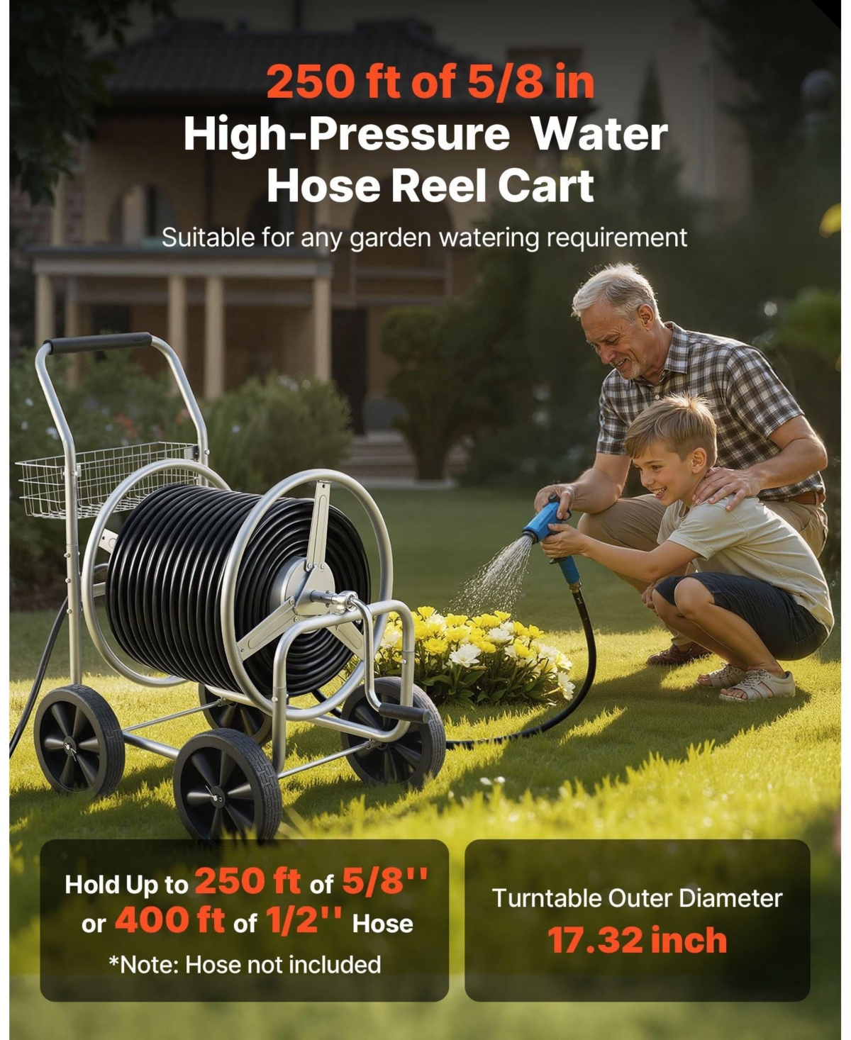 Sugift Mobile Steel Hose Reel Cart with Storage Basket Holds Up to 250 ft of Hose