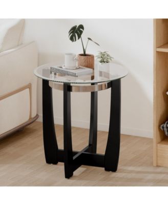 24 in Round Accent Side Table with Tempered Glass Top and Rubber Wood Base