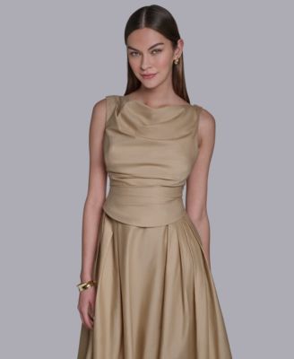 Halston Women's Boat Neck Sleeveless Pleated Midi Dress - BEIGE KHAKI - Size 2