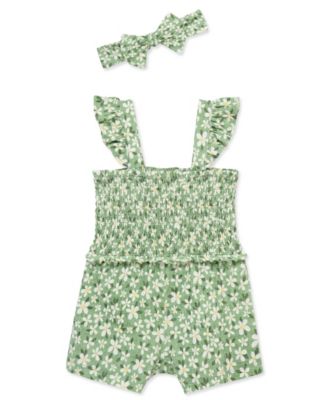 baby Girls' Green Daisy knit Romper and Headband, 2-Piece Set