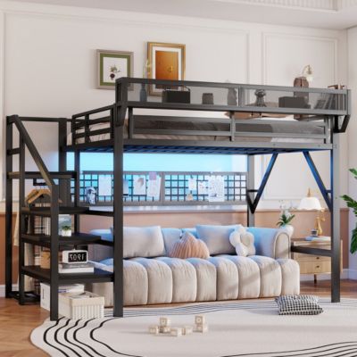 Metal Loft Bed with Stairs, Light and Storage