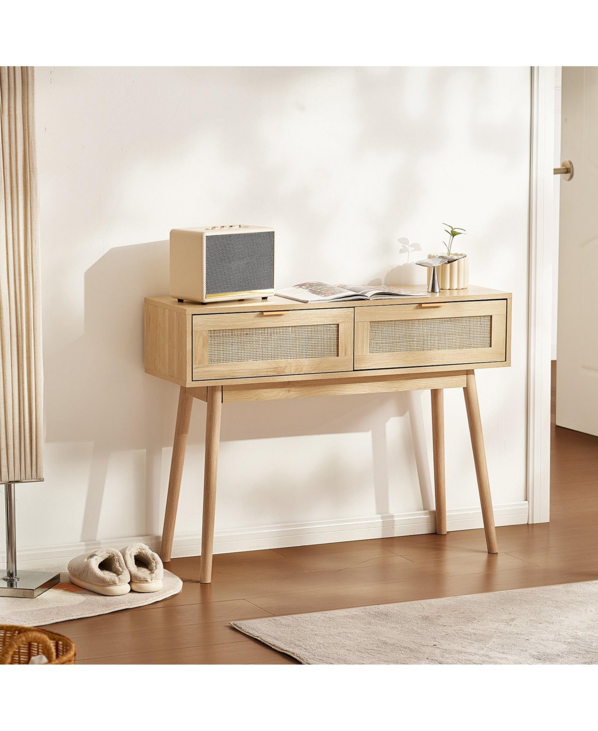 Gouun Rattan Console Table with 2 Drawers and Sliding Door