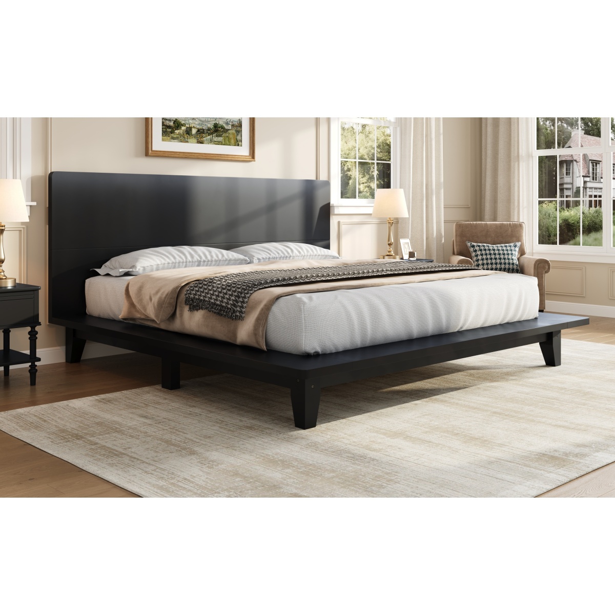 Streamdale Furniture Platform Bed Frame with Headboard , Wood Slat Support, King