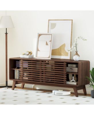 TV Stand for TVs with Sliding Doors and Adjustable Shelves for Living Room-Walnut