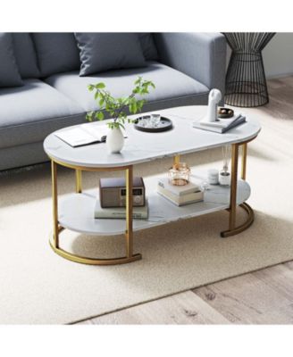 Oval 2-Tier Coffee Table with Open Storage Shelf
