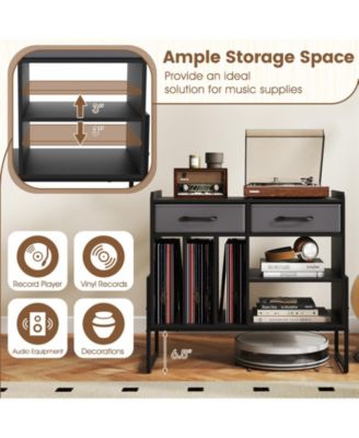 Large Mid-Century Record Player Stand with Charging Station and Vinyl Cabinet, 30 x 14 x 27 in