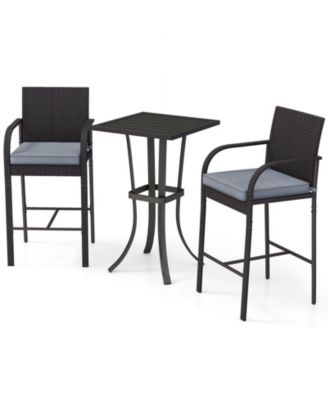 3-Piece Patio PE Rattan Bar Height Chairs and Square Table Set with Cushions