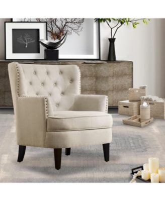 Vintage Button-Tufted Velvet Accent Chair with Nailhead Trim and Solid Wood Legs