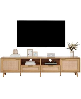 Rattan TV Stand for TVs , Media Console, Entertainment Center with 2 Drawers, 2- Open Shelves and Storage Cabinet for Living Room