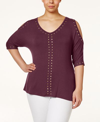 Belldini Plus Size Studded Cold-Shoulder Top