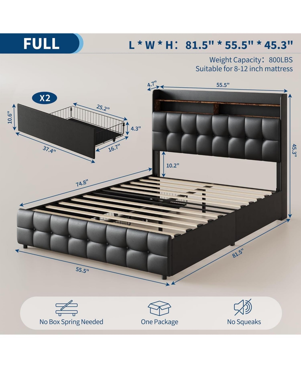 gaomon Full Bed Frame with 2 Storage Drawers, Upholstered Led Light