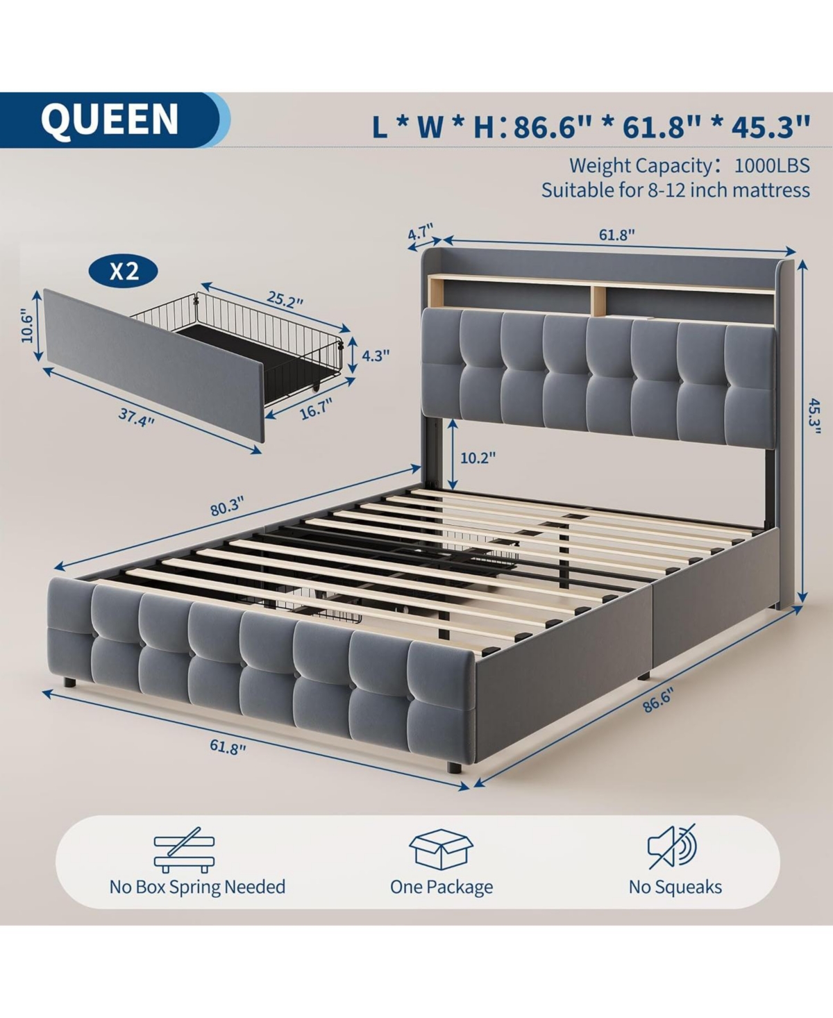 gaomon Full Bed Frame with 2 Storage Drawers, Upholstered Led Light