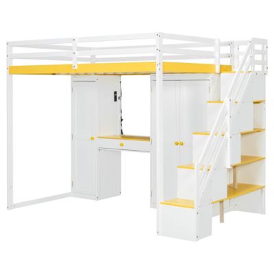 Loft Bed w/Storage Stairs, Vanity, Wardrobe, USB/Lights