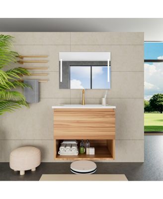 Wall Mounted Bathroom Vanity with Sink, Modern Walnut MDF Cabinet, Large Drawer Storage for Small Space