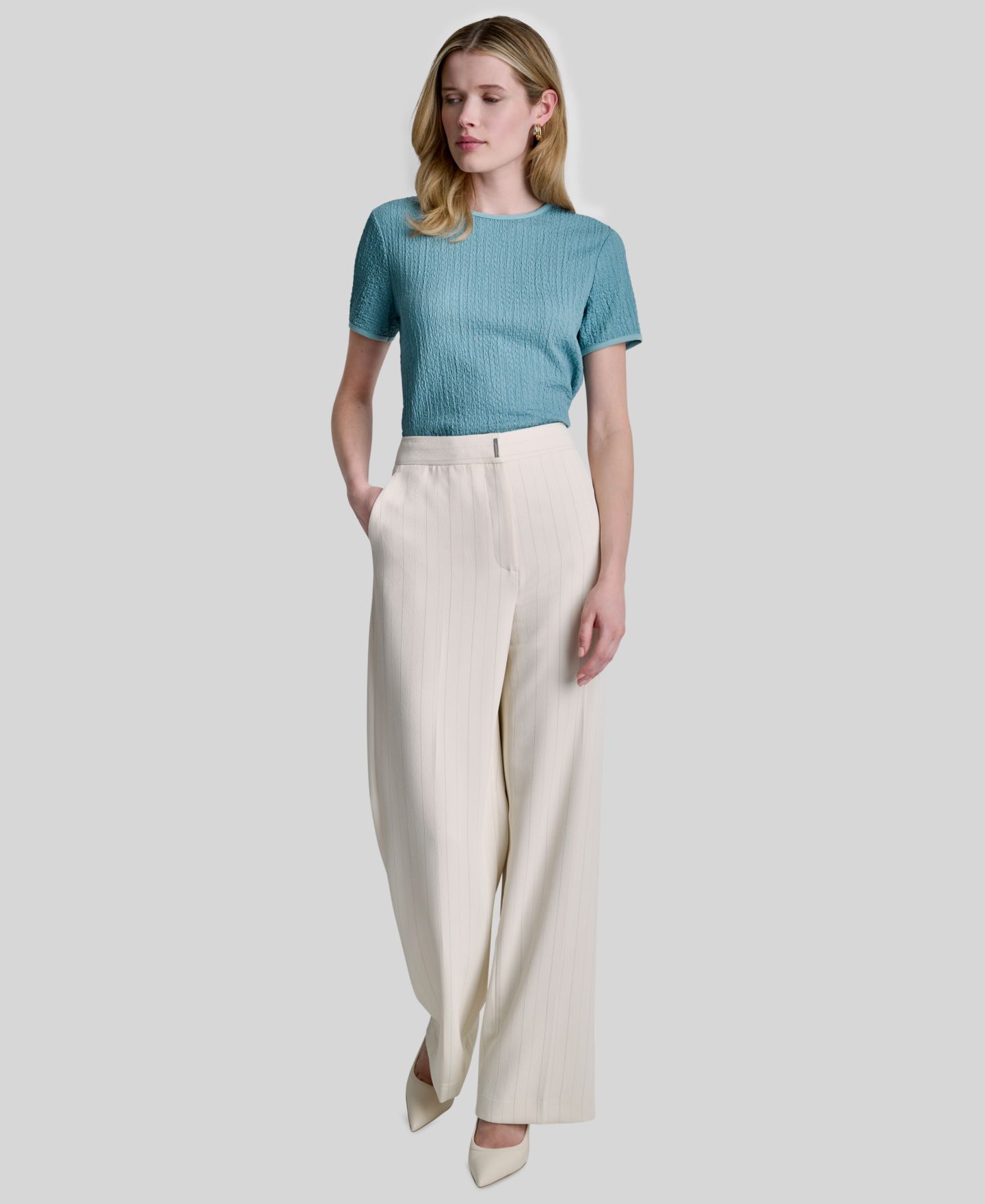 Женские брюки DKNY Straight-Fit Pinstripe Trouser, цвет: Кокосовый / Синий полосатый — фото 5