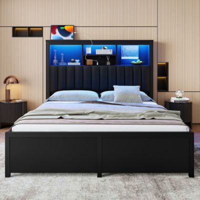 King Bed Frame w/ Storage Headboard, LED, Charging, 4 Drawers, Metal