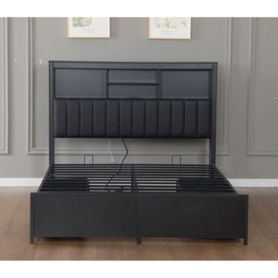 King Bed Frame w/ Storage Headboard, LED, Charging, 4 Drawers, Metal