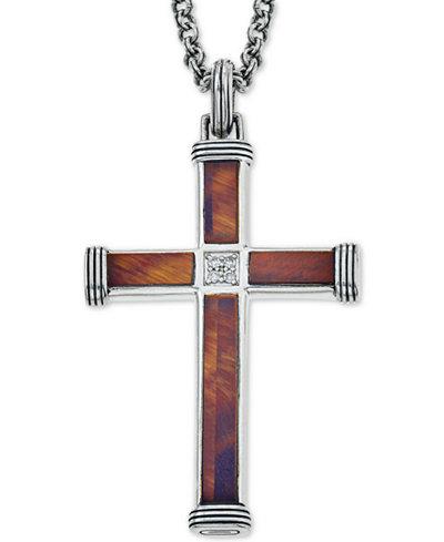 Esquire Men's Jewelry Red Tiger's Eye (22-7/8 x 3-3/4mm & 9-1/2 x 3-3/4mm) and Diamond Accent Cross Pendant Necklace in Sterling Silver, Only at Macy's