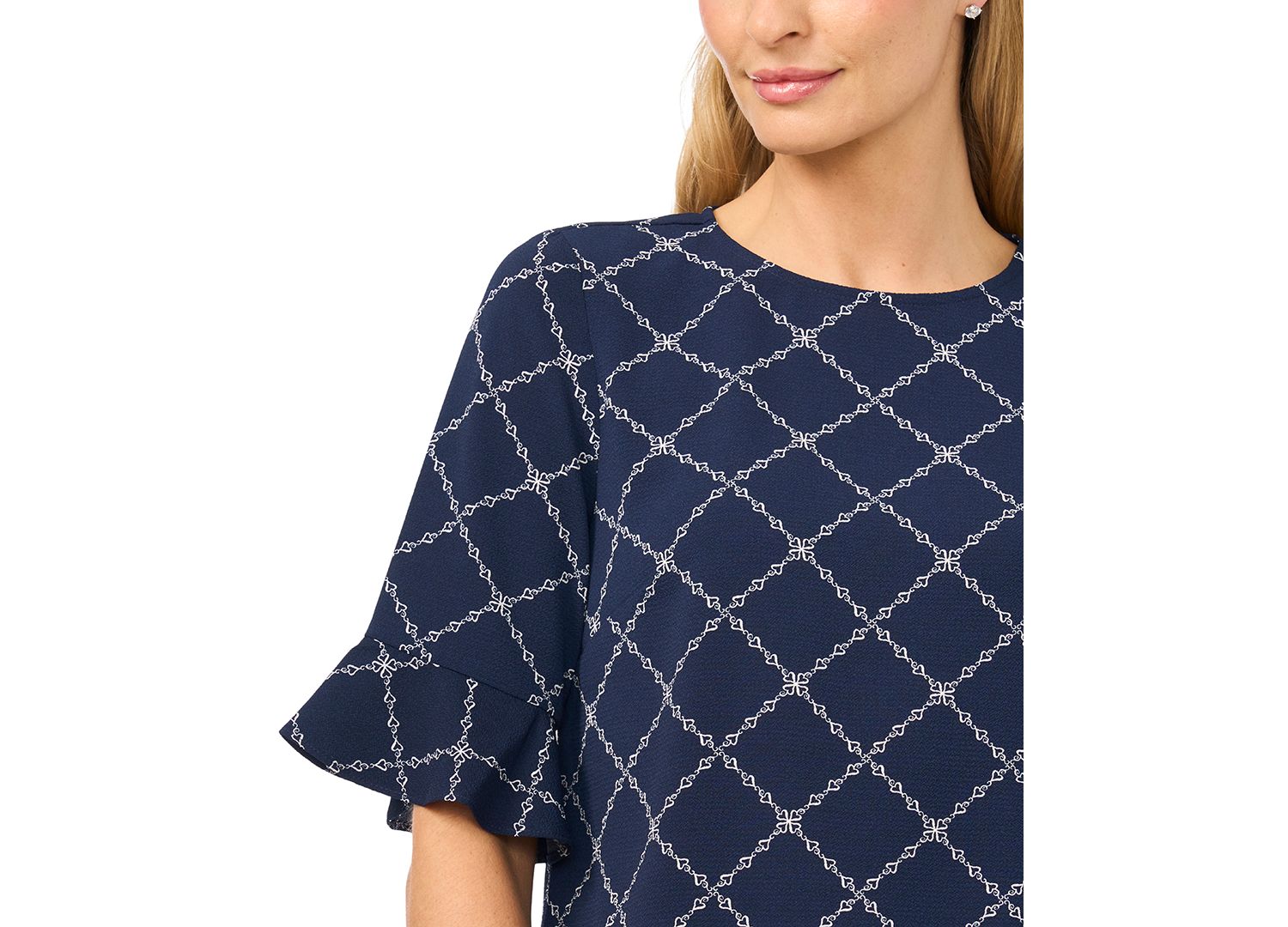 Women's Print Crewneck 3/4-Sleeve Ruffled Cuff Blouse