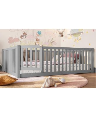 Full Size Bed Floor Bed with Safety Guardrails and Door for Kids