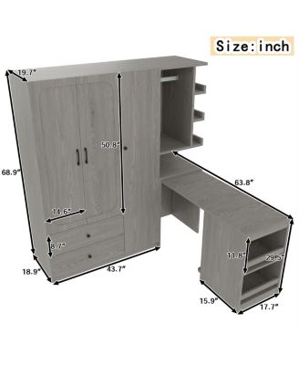 2-Door Wardrobe w/Hanging Rod, Desk and Drawers