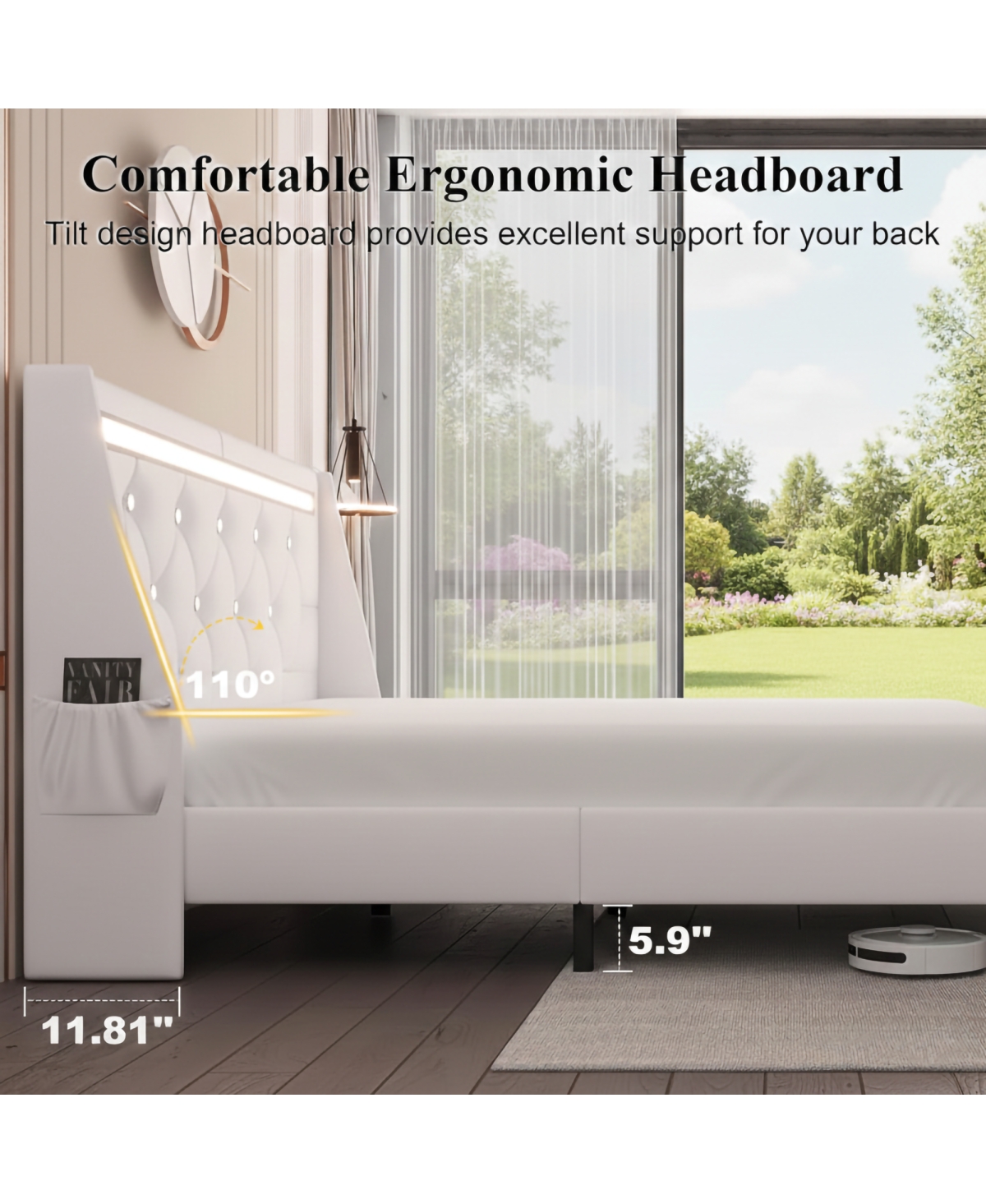 Streamdale Furniture Led Upholstered Bed w/ Charging Station and Diamond Headboard